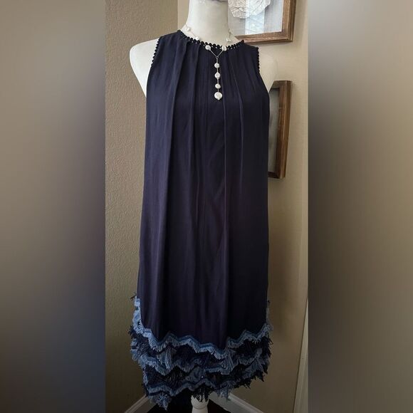 Maeve x Anthropologie Fringe Botton Dress Navy Blue Size 0 Gently Used MSRP $110 - Picture 1 of 4